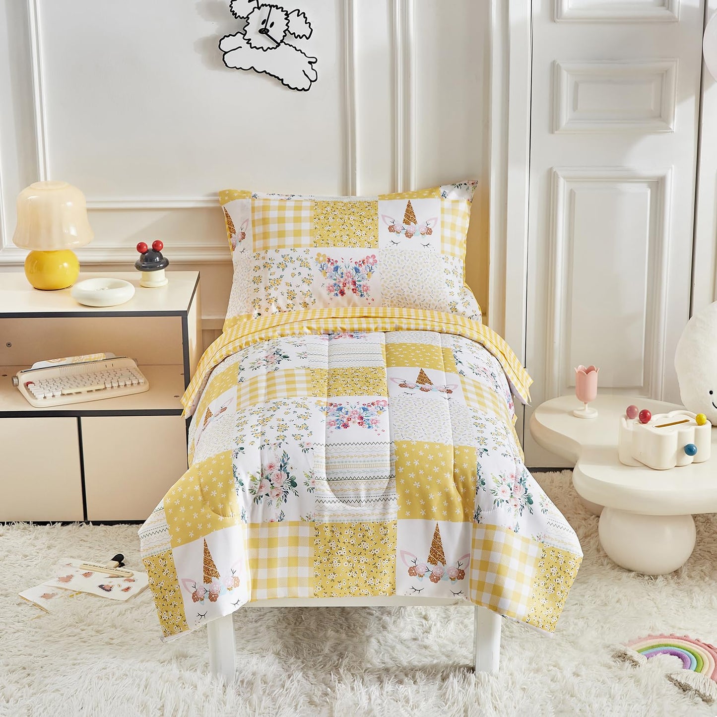 Joyreap 4 Piece Toddler Bedding Set For Girls- Butterflies Flowers Yellow N White Patchwork Design, Microfiber Toddler Bedding C