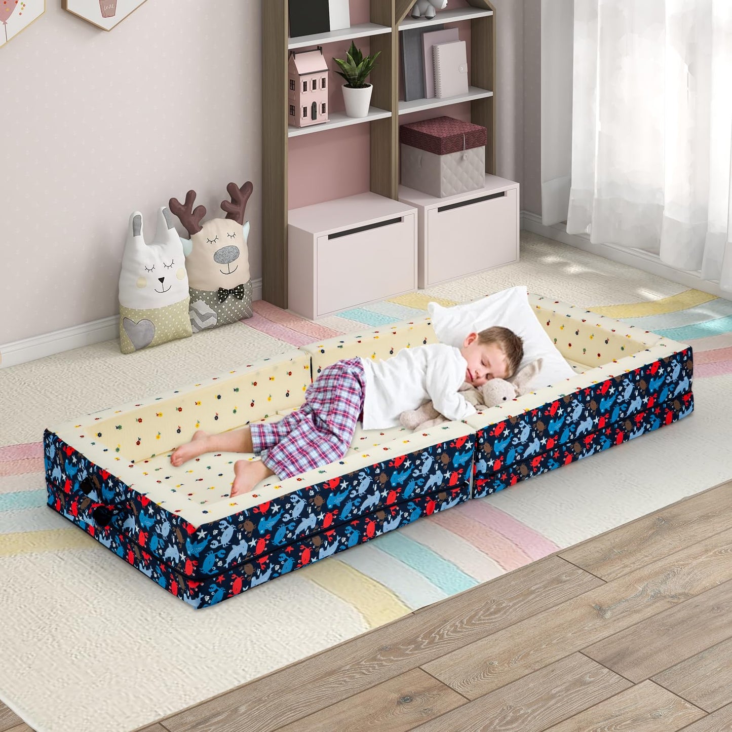 Umoving 100% Cotton Inner Portable Foldable Toddler Travel Bed - Soft Foam Floor Bed with Washable Cover, Safe and Comfortable T