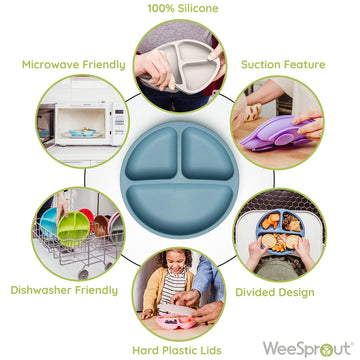 Weesprout Suction Plates With Lids For Babies & Toddlers, 100% Silicone Dinnerware Stays Put, Divided Design For Picky Eaters, M