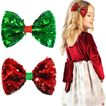 Yxiang Christmas 5 Inches Sparkle Glitter Hair Bows Clips for Girls, Big Reversible Sequins Shining Handmade Hair Accessories fo