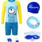 The Morning Play Boys Swimsuit Set With Full Sleeve TShirt & Long Shorts, Swim Cap, Goggles, Ring, Ear Plugs, Navy Blue, Fish P