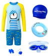 The Morning Play Boys Swimsuit Set With Full Sleeve TShirt & Long Shorts, Swim Cap, Goggles, Ring, Ear Plugs, Navy Blue, Fish P