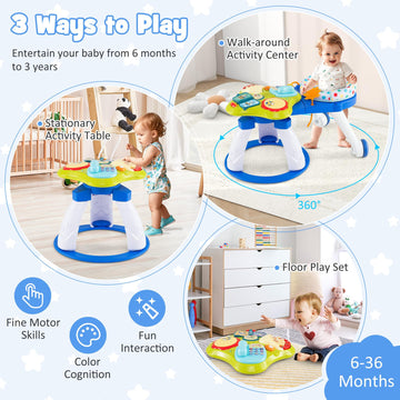 BABY JOY 3 in 1 Walk Around Baby Activity Center, Discovery Play Center with Interactive Toys & Music, Wheels, 3 Adjustable Seat