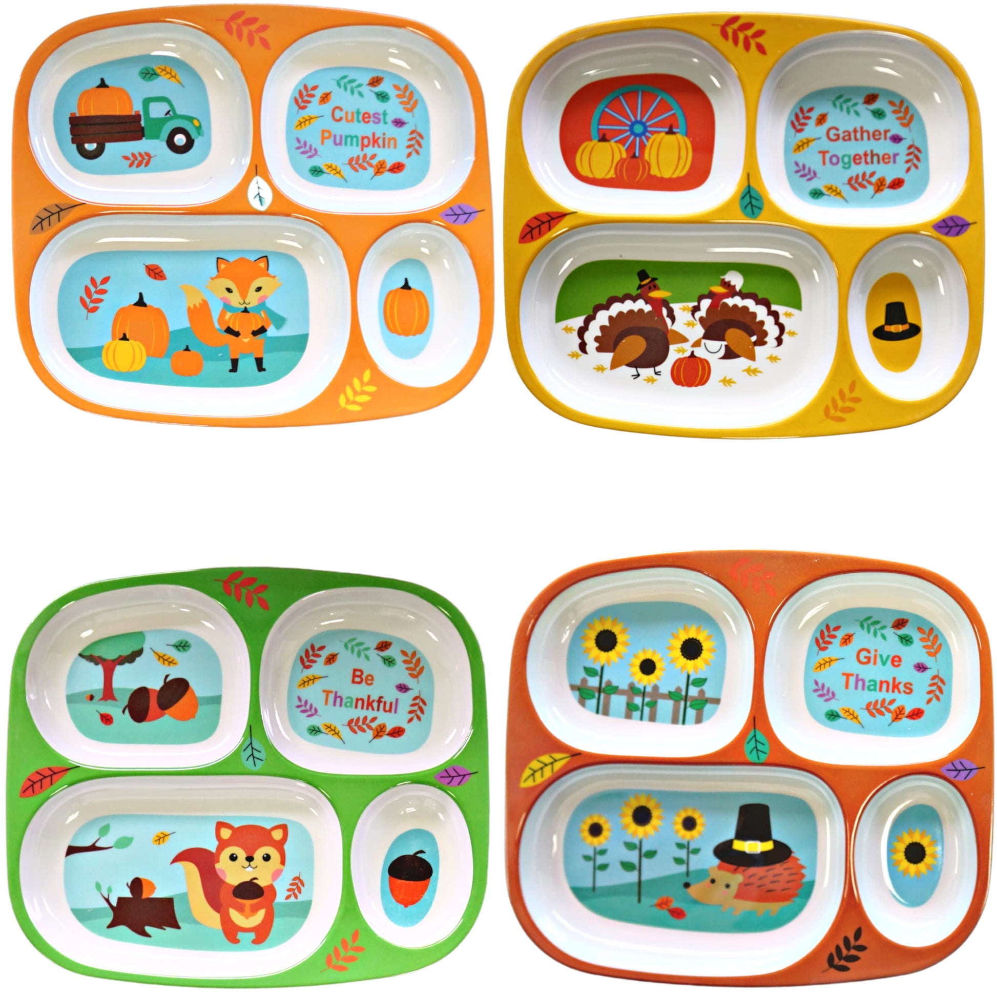 4E'S Novelty Fall Thanksgiving Dinnerware Divided Plates For Kids Melamine Plastic - Set Of 4 Thanksgiving Themed Dishes Plates,