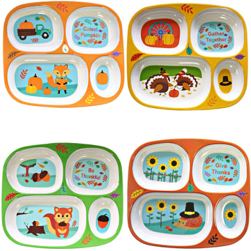 4E'S Novelty Fall Thanksgiving Dinnerware Divided Plates For Kids Melamine Plastic - Set Of 4 Thanksgiving Themed Dishes Plates,