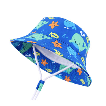 Langzhen Sun Protection Hat For Kids Toddler Boys Girls Wide Brim Summer Outdoor Hat Baby Bucket Hat With Chin Strap (Blue-Whale