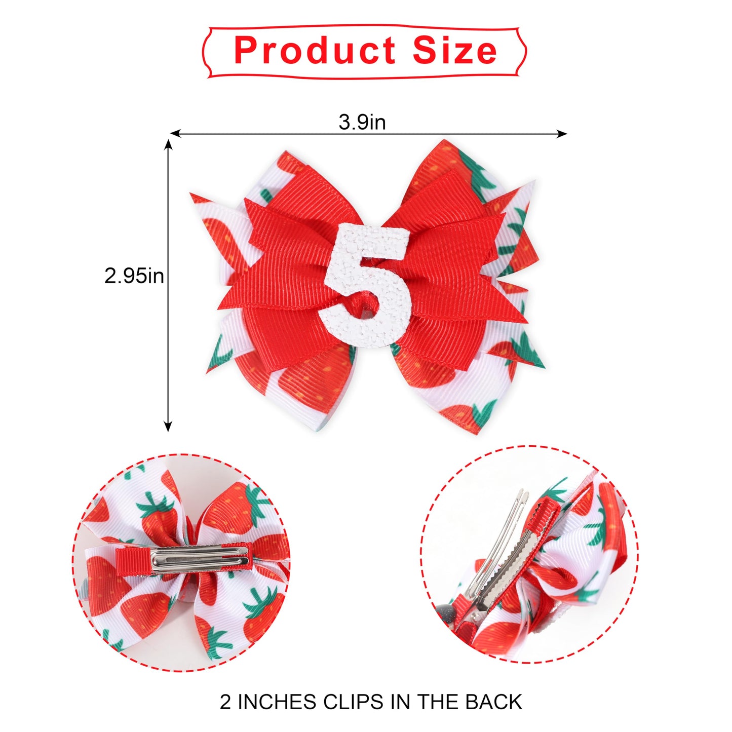 Strawberry Bow Hair Clips - Girls 5Th Birthday Party Decoration, Berry Sweet 5Th Birthday Bow Hair Clips, Sweet Girls Red Bow Ha