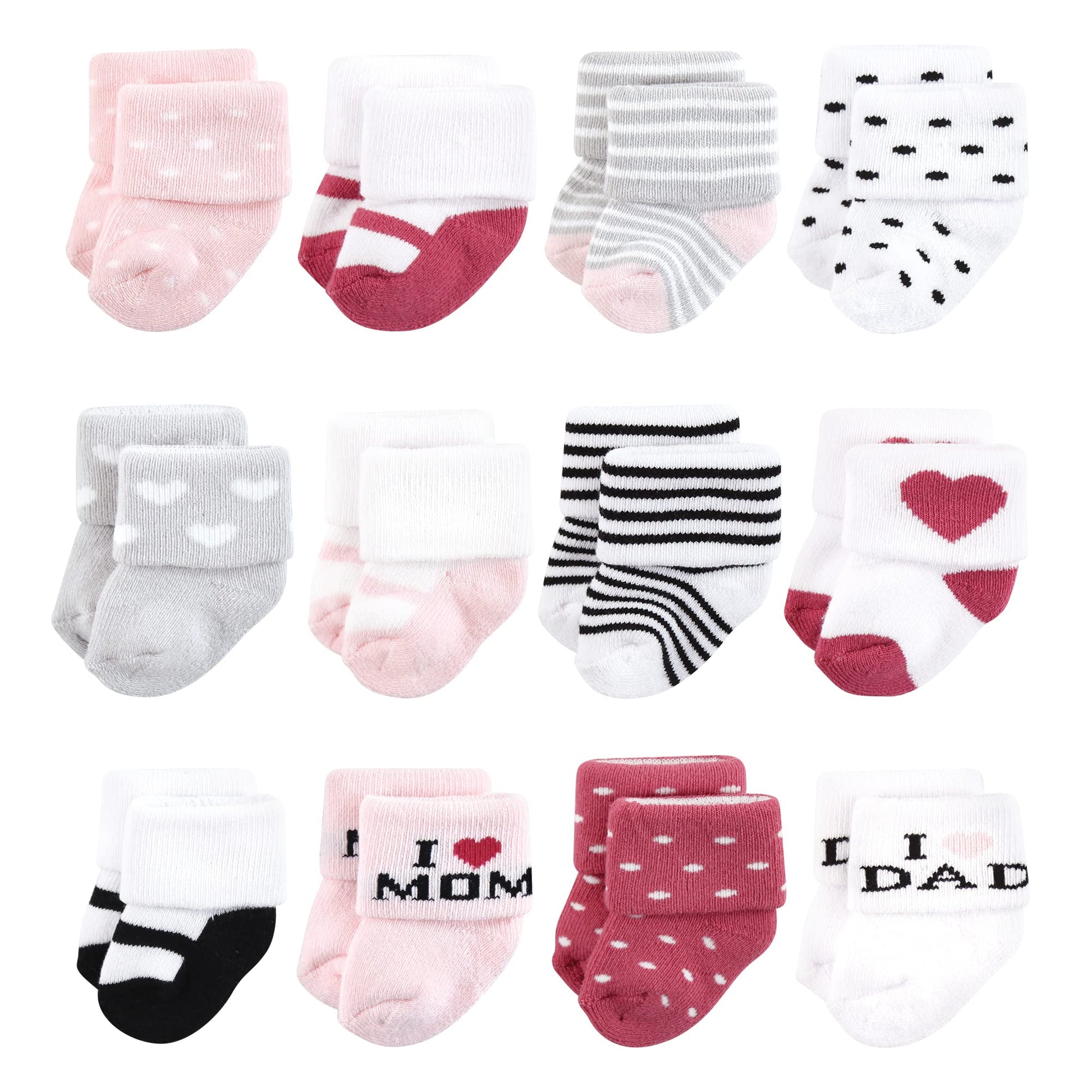 Hudson Baby Baby Girls Cotton Rich Newborn And Terry Socks, Mom Dad Girl Pink Black 12-Pack, 0-6 Months Us