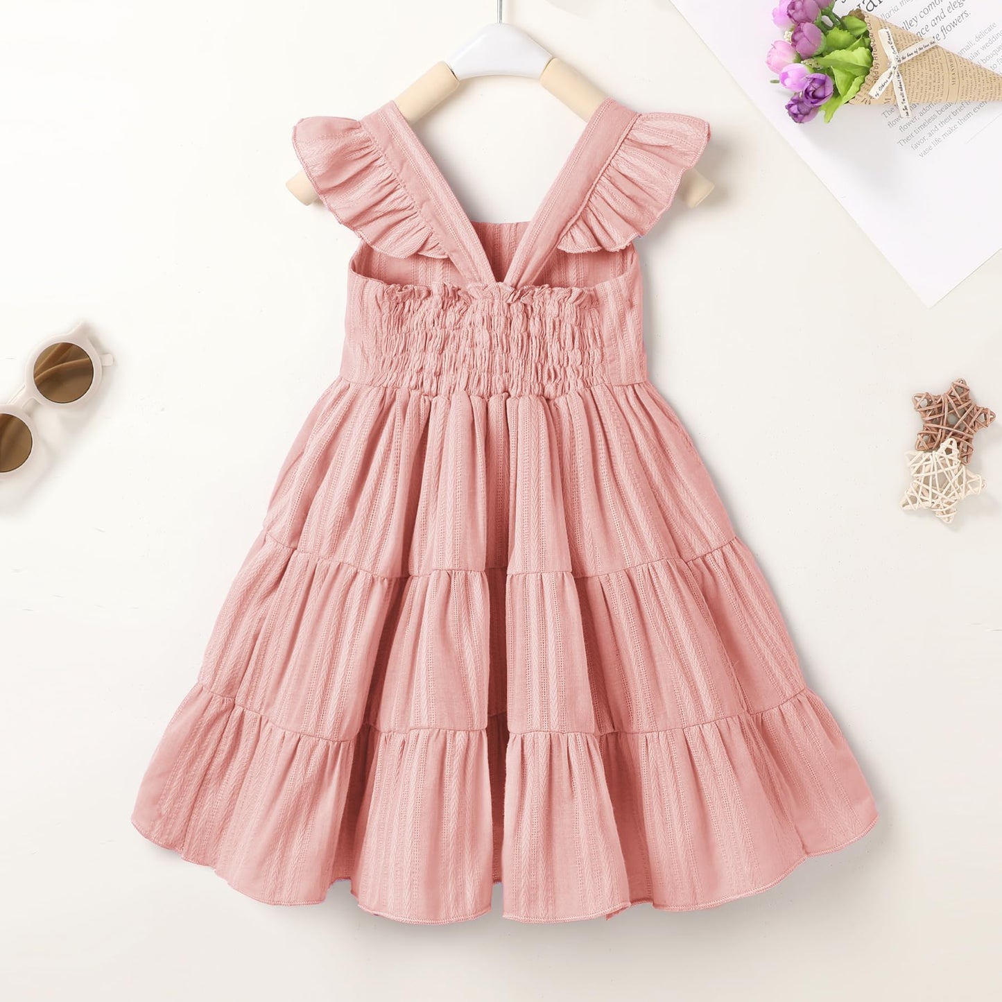Younger Tree Toddler Baby Girl Dress Summer Outfits Flutter Sleeve Smocked Dress Kids Causal Boho Dresses Clothes (3-4T, Pink Dr
