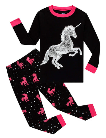 Glow In The Dark Unicorn Little Girls Pajamas For Kids Cotton Pjs Size 5