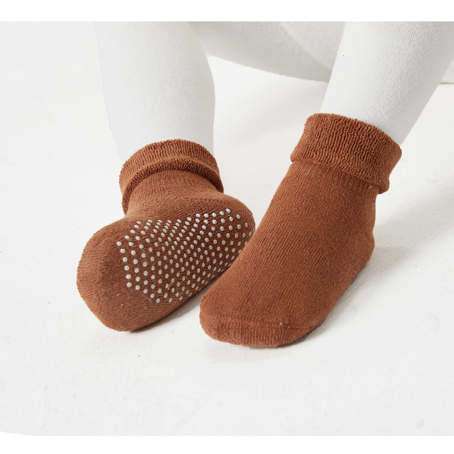 Vwu Ankle Crew Socks With Grips, Baby Toddler Kids Unisex Warm Thick Cotton Socks 0-6T 6-Pack (Neutral Colour, 3-12 Months)