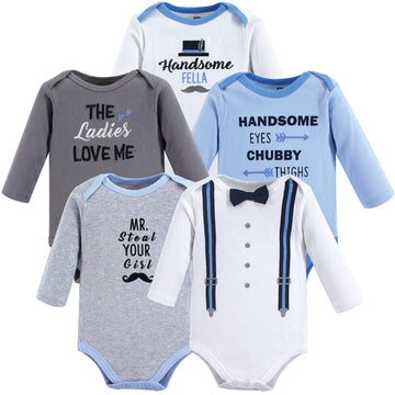 Hudson Baby Unisex Baby Cotton Long-Sleeve Bodysuits, Handsome Fella, 0-3 Months Us