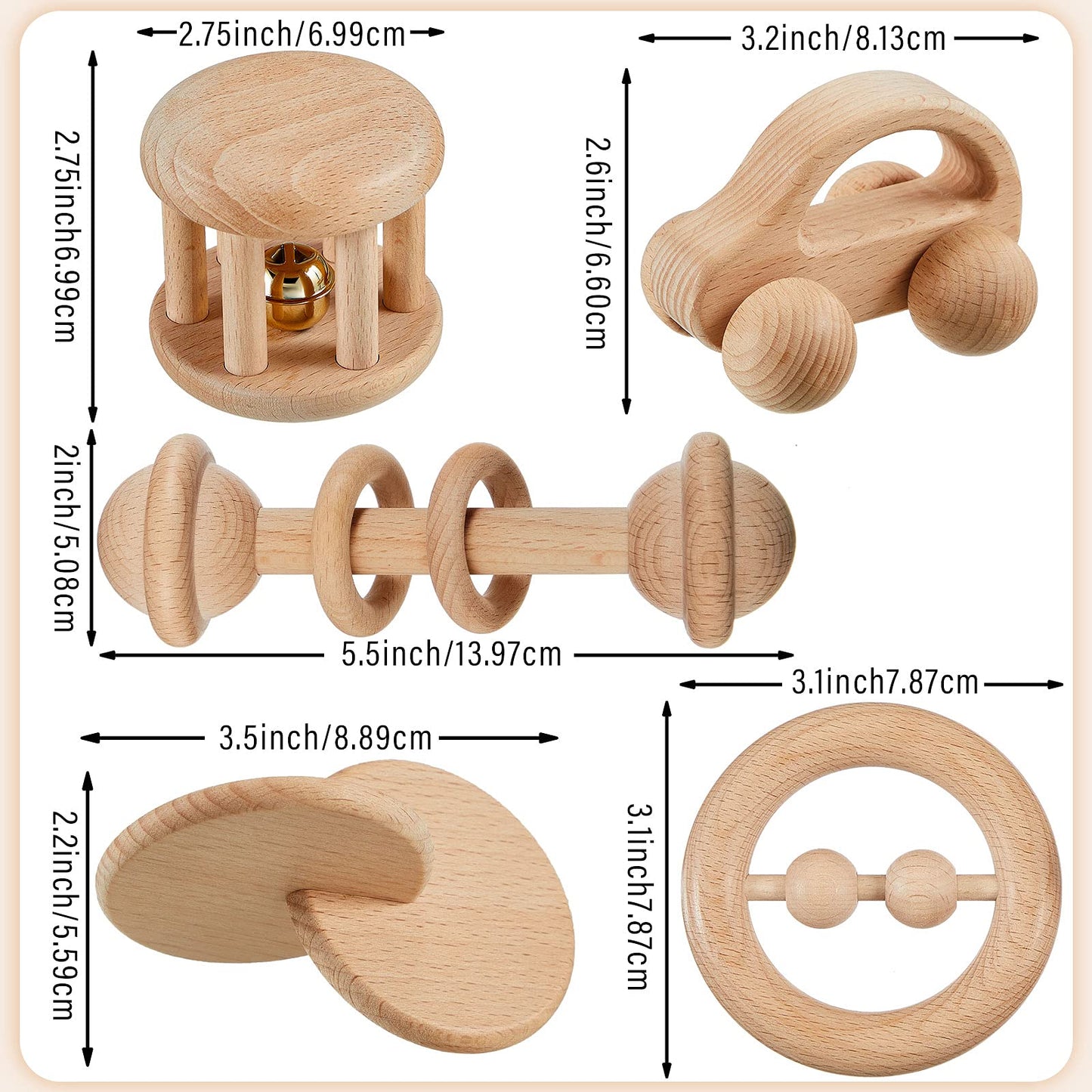 5 Pieces Wooden Baby Toys Wooden Toys for Babies 0-6-12 Months Wood Toys Rattles with Bells Montessori Wood Baby Push Car Wooden