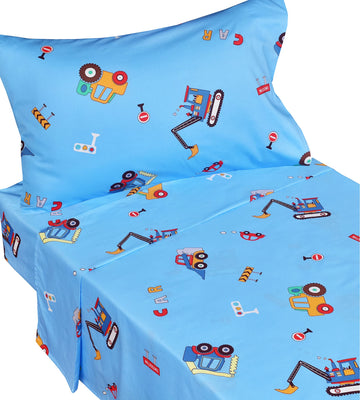 J-Pinno Cars Vehicles Digger 100% Cotton 3 Pieces Cartoon Toddler Sheet Set For Kids Boys, Flat Sheet Fitted Sheet And Pillowcas