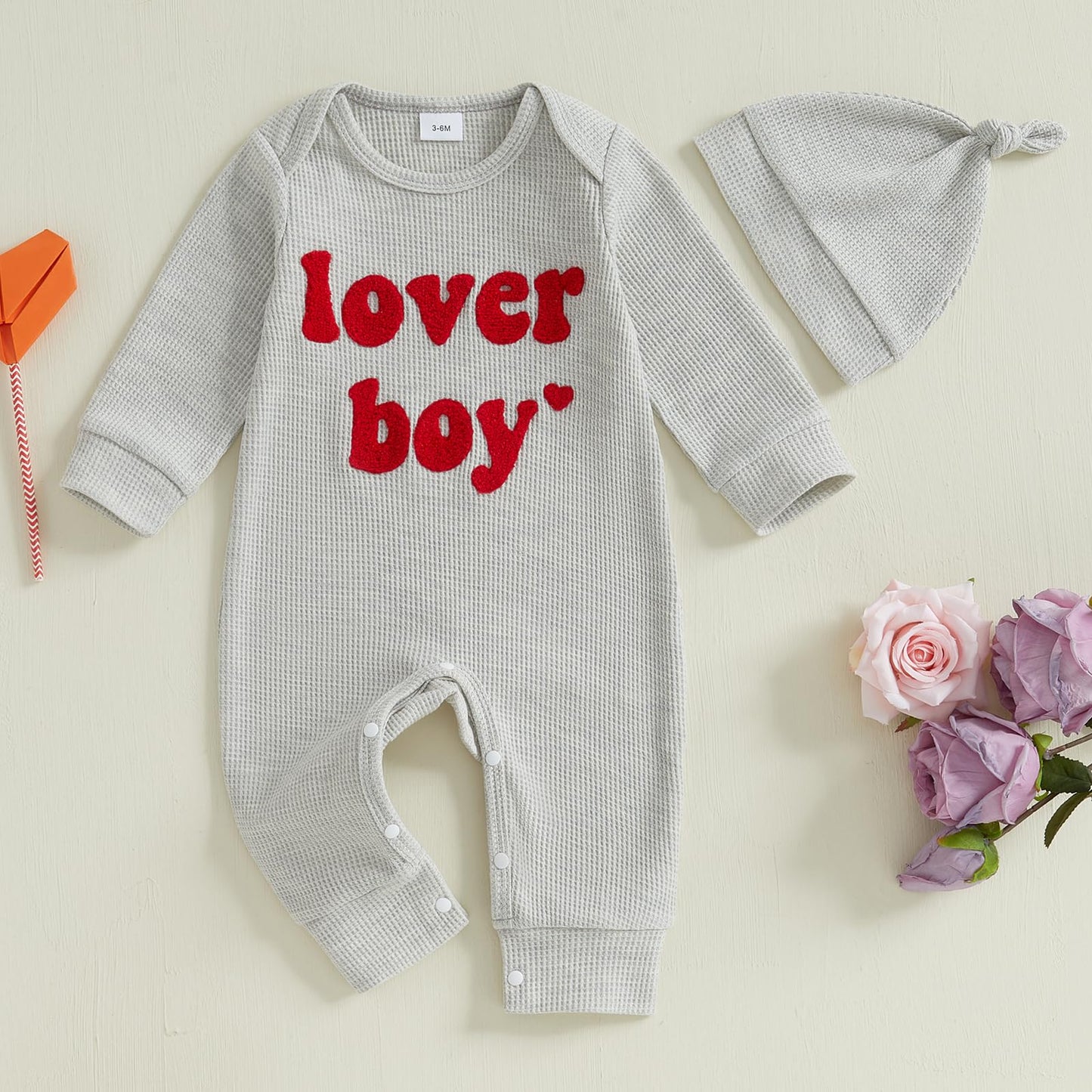 Lesimsam Newborn Infant Baby Boy Valentines Day Outfit Letter Embroidery Long Sleeve Waffle Knit Romper Jumpsuit With Hat(Gray,