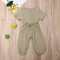 Mubineo Toddler Baby Girl Summer Fall Basic Plain Short Sleeve Cotton Linen Drawstring Romper Jumpsuit (Khaki, 2-3T)