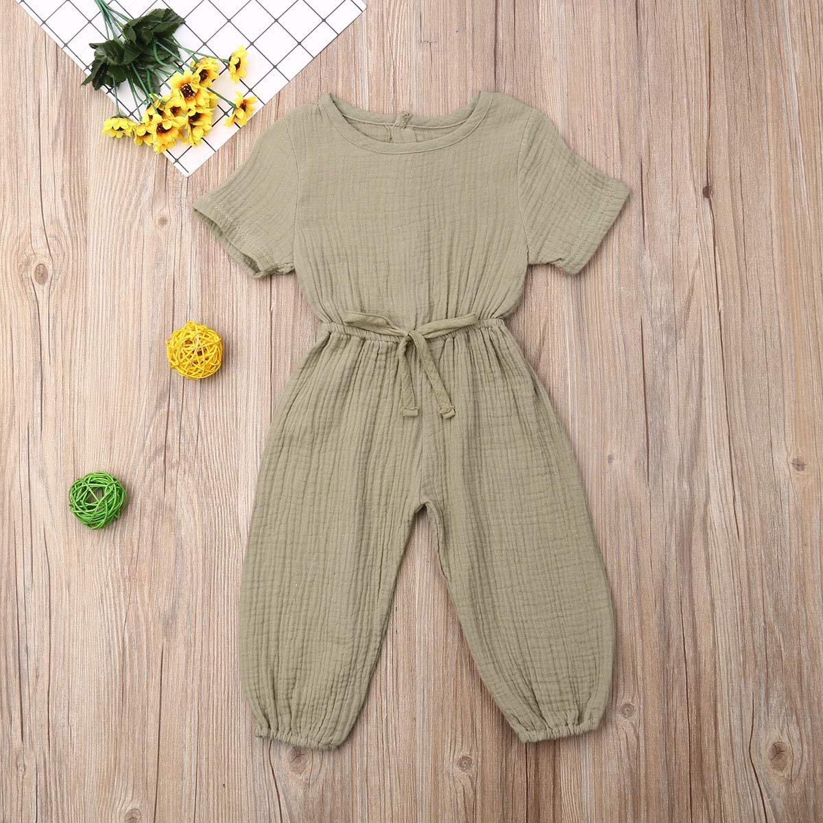 Mubineo Toddler Baby Girl Summer Fall Basic Plain Short Sleeve Cotton Linen Drawstring Romper Jumpsuit (Khaki, 6-12 Months)