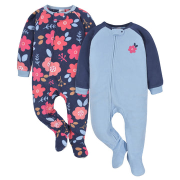 Gerber Baby Girls Toddler Loose Fit Flame Resistant Fleece Footed Pajamas 2-Pack Floral Blue 6-9 Months