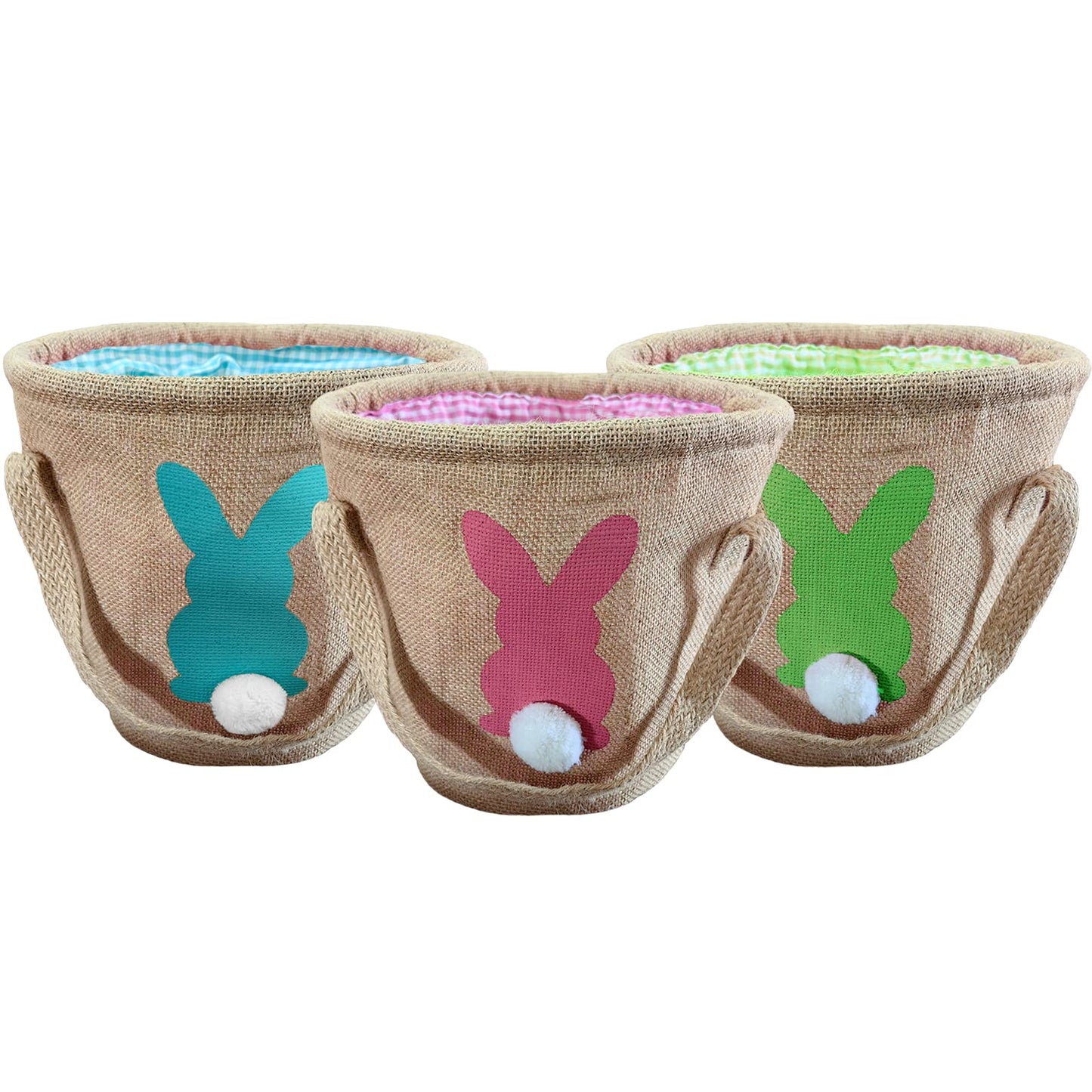 3Pcs Easter Bunny Basket - Burlap Carrying With Two Handles Gift And Eggs Hunt Bag, Fluffy Tails Printed Rabbit Toys Bucket Tote