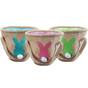 3Pcs Easter Bunny Basket - Burlap Carrying With Two Handles Gift And Eggs Hunt Bag, Fluffy Tails Printed Rabbit Toys Bucket Tote