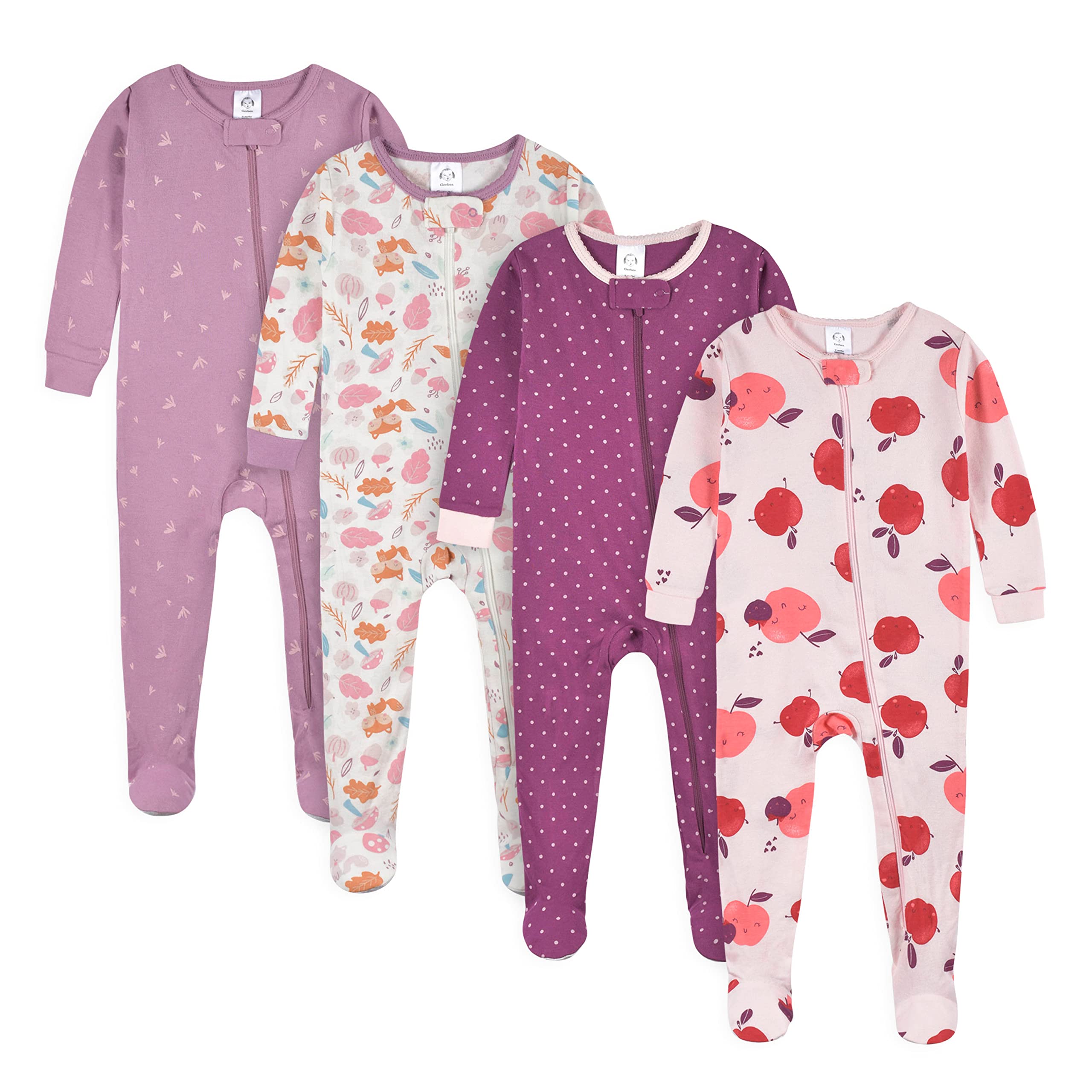 Gerber Baby Girl'S 4-Pack Footed Pajamas, Apple And Woodland Floral, 5 – Cutebab