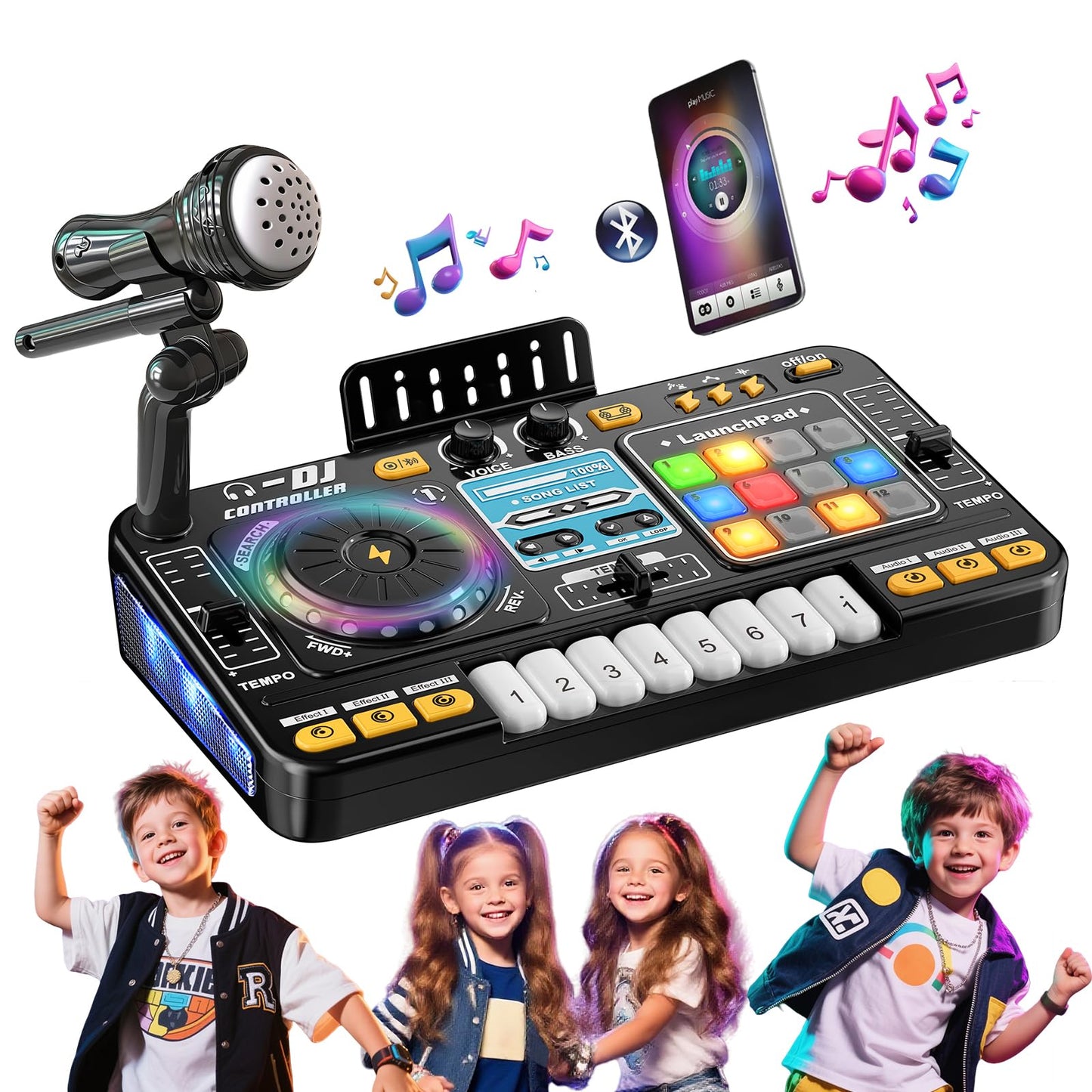 Veewiki Kids DJ Mixer Table Toy,DJ Set for Toddlers,Musical Toys with Microphone,Piano Keyboard,Lights,Kids Instrument Game for 