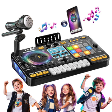 Veewiki Kids DJ Mixer Table Toy,DJ Set for Toddlers,Musical Toys with Microphone,Piano Keyboard,Lights,Kids Instrument Game for 