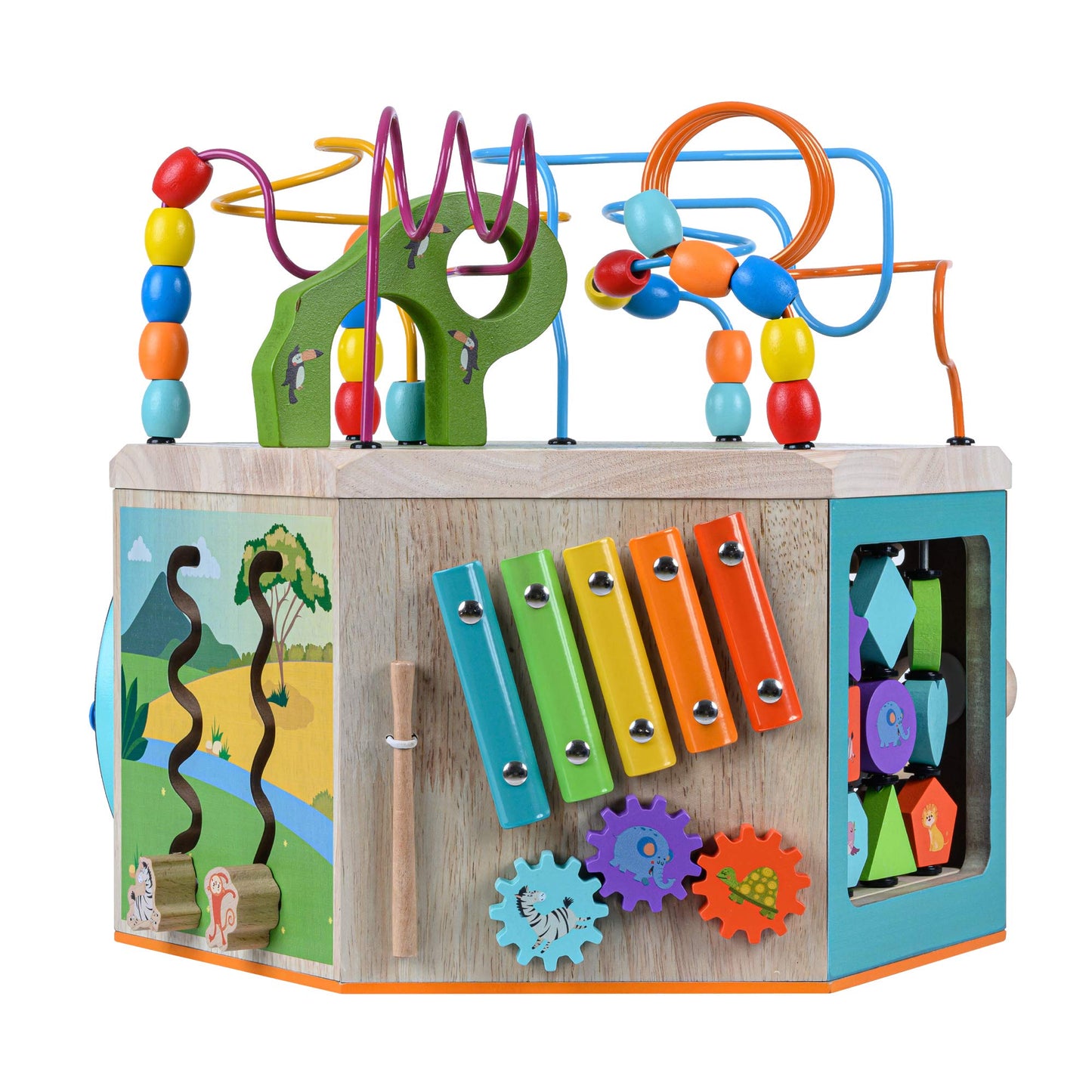 Teamson Kids Preschool Play Lab 7-in-1 Large Wooden Activity Cube Station Center Bead Maze and Counting for Kids Baby Toys, Natu