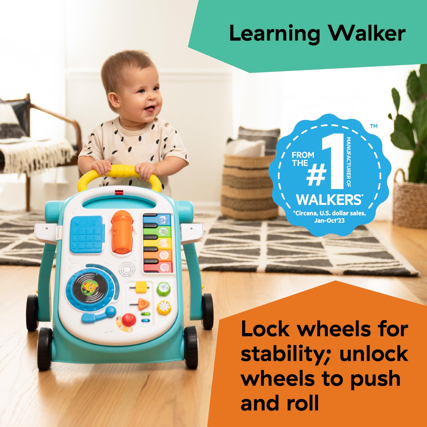 Baby Einstein Musical Mix N Roll 4-in-1 Push Walker, Activity Center, Toddler Table & Floor Toy, 100+ Songs & Phrases, DJ Statio
