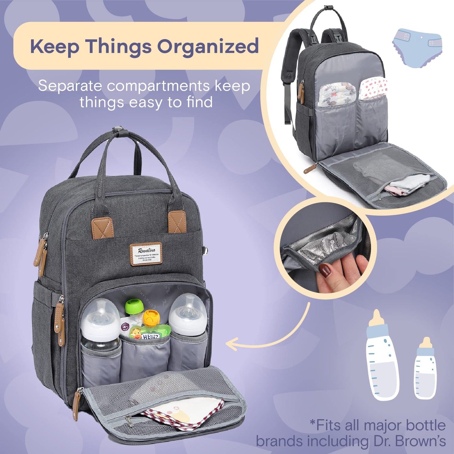 Ruvalino Diaper Bag Backpack, Neutral All-In-One Baby Bags For Boy Girl, Multifunction Large Travel Backpack (Dark Gray)