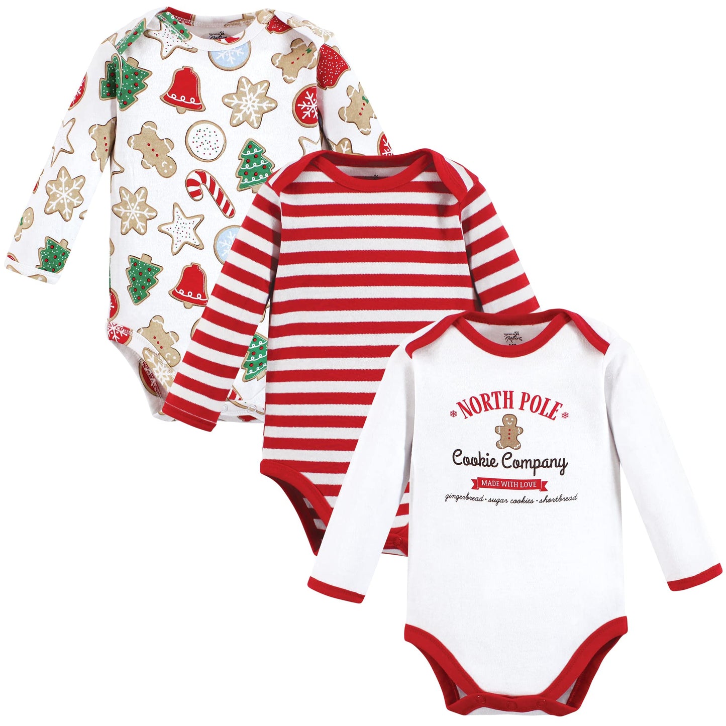 Touched By Nature Unisex Baby Organic Cotton Long-Sleeve Bodysuits, Christmas Cookies, 0-3 Months