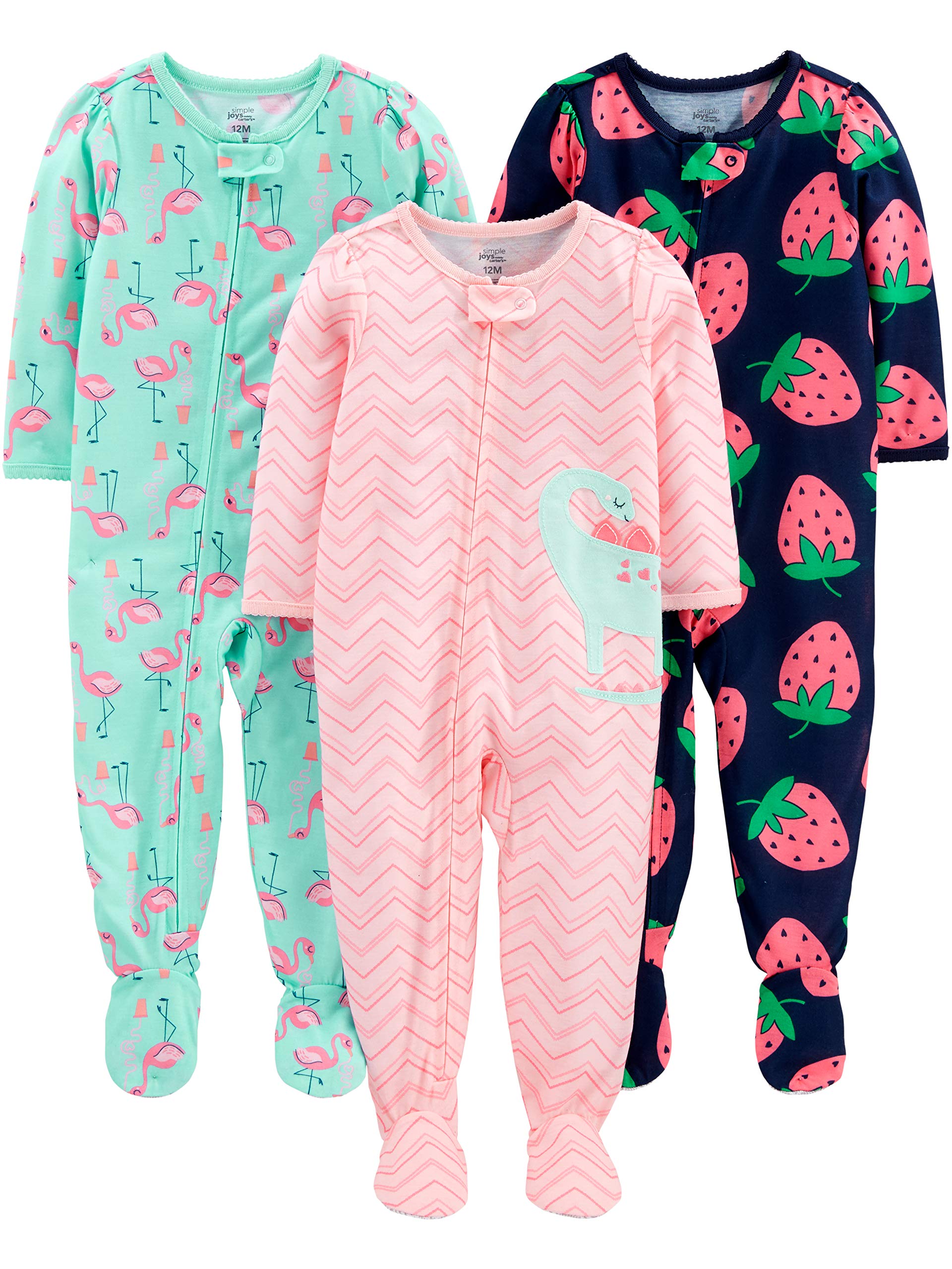 Simple Joys by Carters Baby Girls 3-Pack Loose Fit Flame Resistant Polyester Footed Pajamas Sleepwear, dino/strawberry/flaming