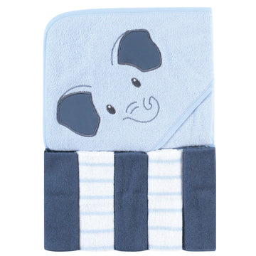 Hudson Baby Unisex Baby Hooded Towel And Five Washcloths, Blue Elephant, One Size