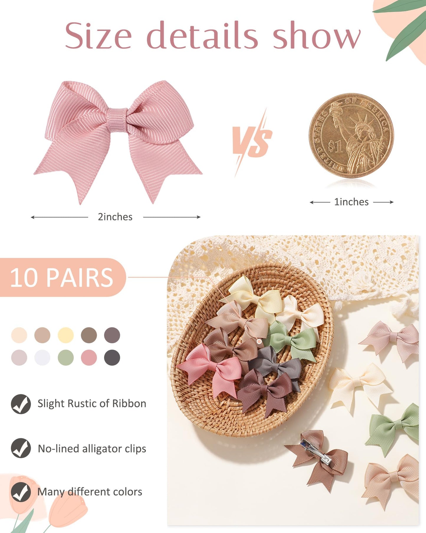 Jollybows 20Pcs Baby Hair Clips Girls Bows 2' Mini Ribbon Alligator Clip Toddler Pigtail Bow Fine Hair Clip