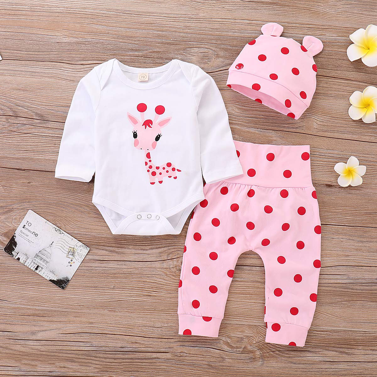 Boebnozcv Newborn Toddler Baby Girl Outfits Giraffe Bodysuit Top + Pink Legging Pants Set With Hat Infant Clothes