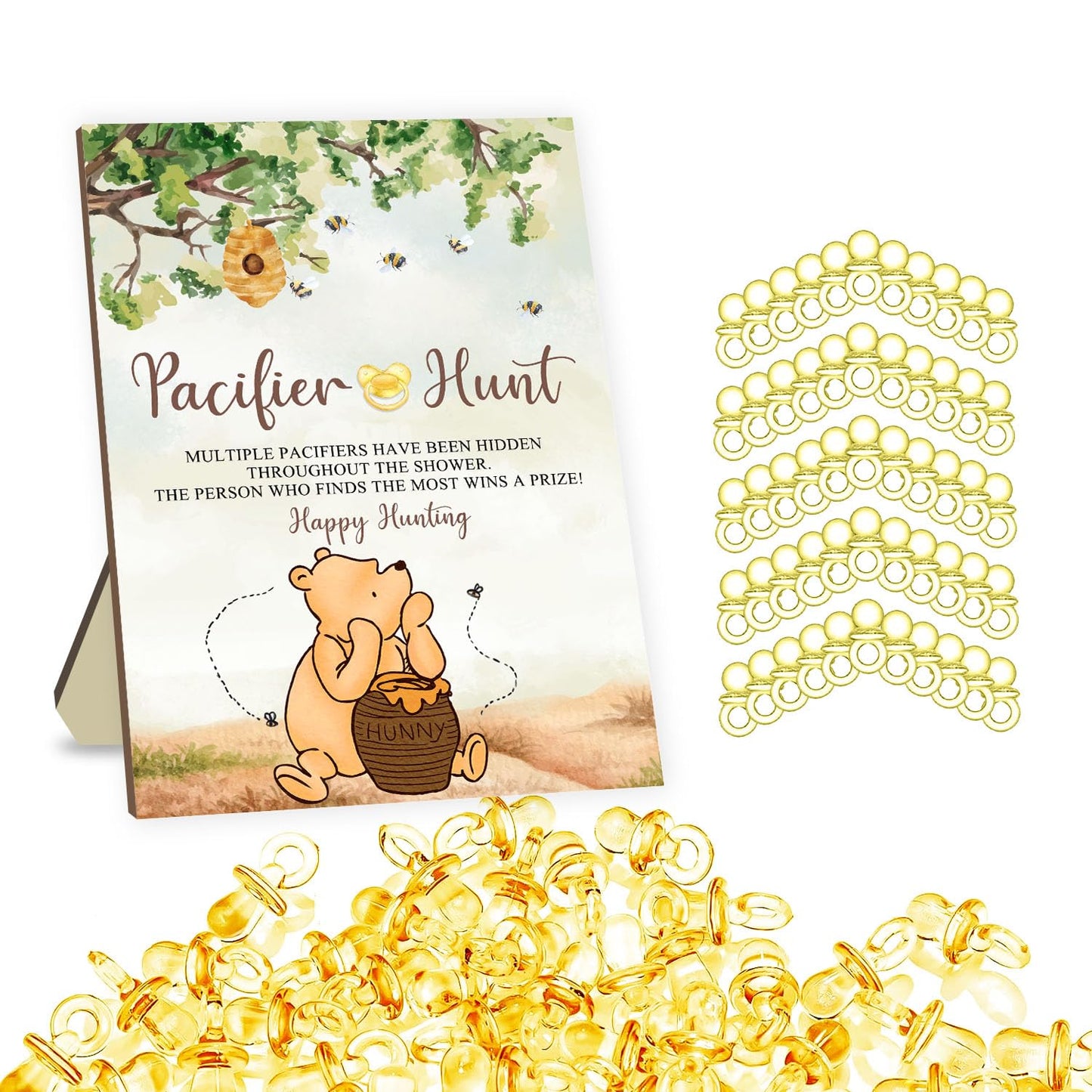 Winnie Pacifier Hunt Sign For Baby Shower Game, 50Pcs Yellow Mini Pacifiers Decor For Baby Shower, The Pooh Baby Shower Party Ga