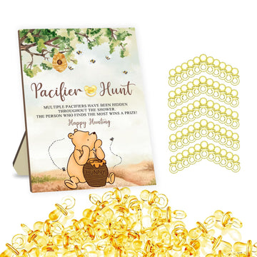 Winnie Pacifier Hunt Sign For Baby Shower Game, 50Pcs Yellow Mini Pacifiers Decor For Baby Shower, The Pooh Baby Shower Party Ga