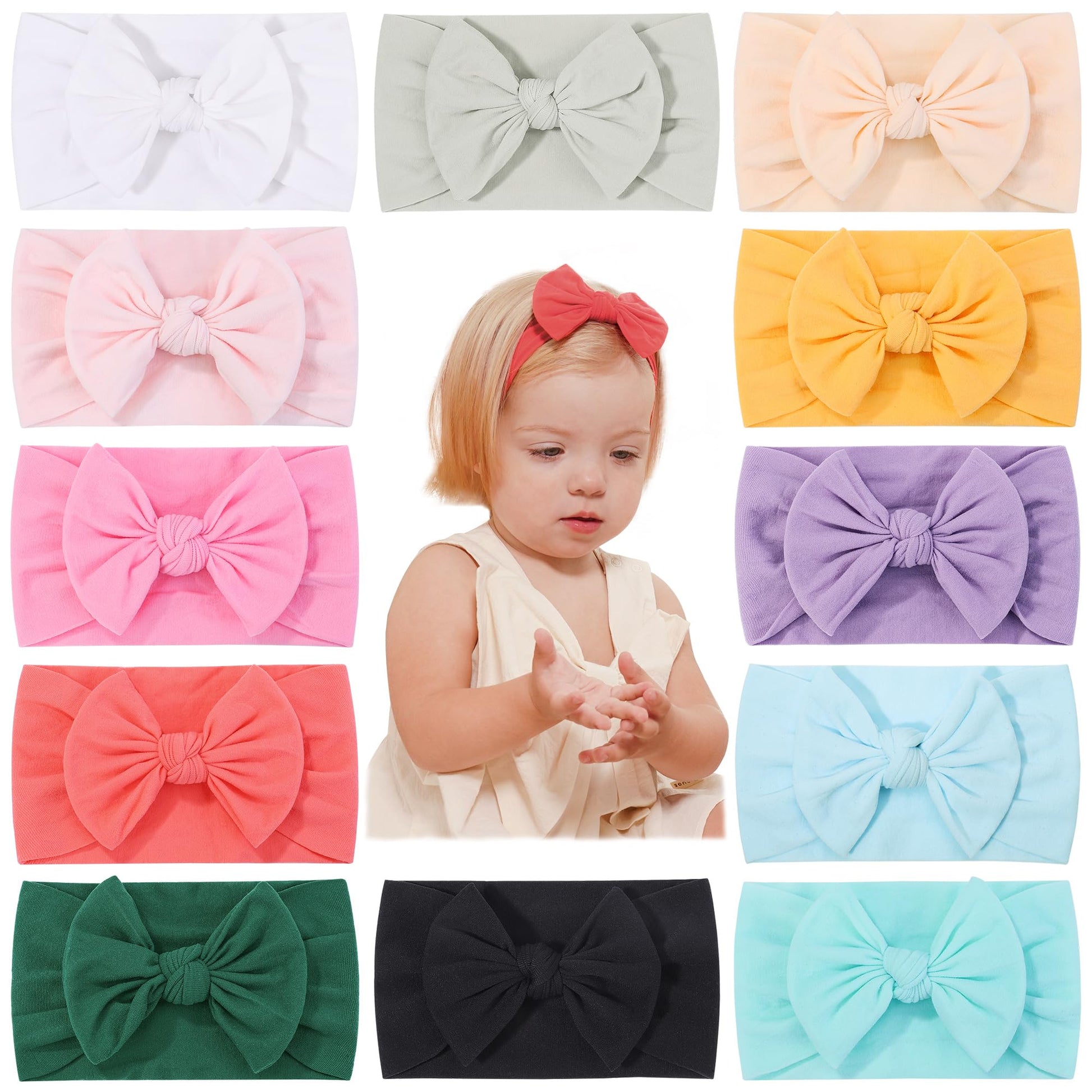 Jollybows 12Pcs Baby Nylon Headbands With Bow Elastic Hairband For Girls Newborn Infant Toddlers Kids Hair Accessories- Soft Lig