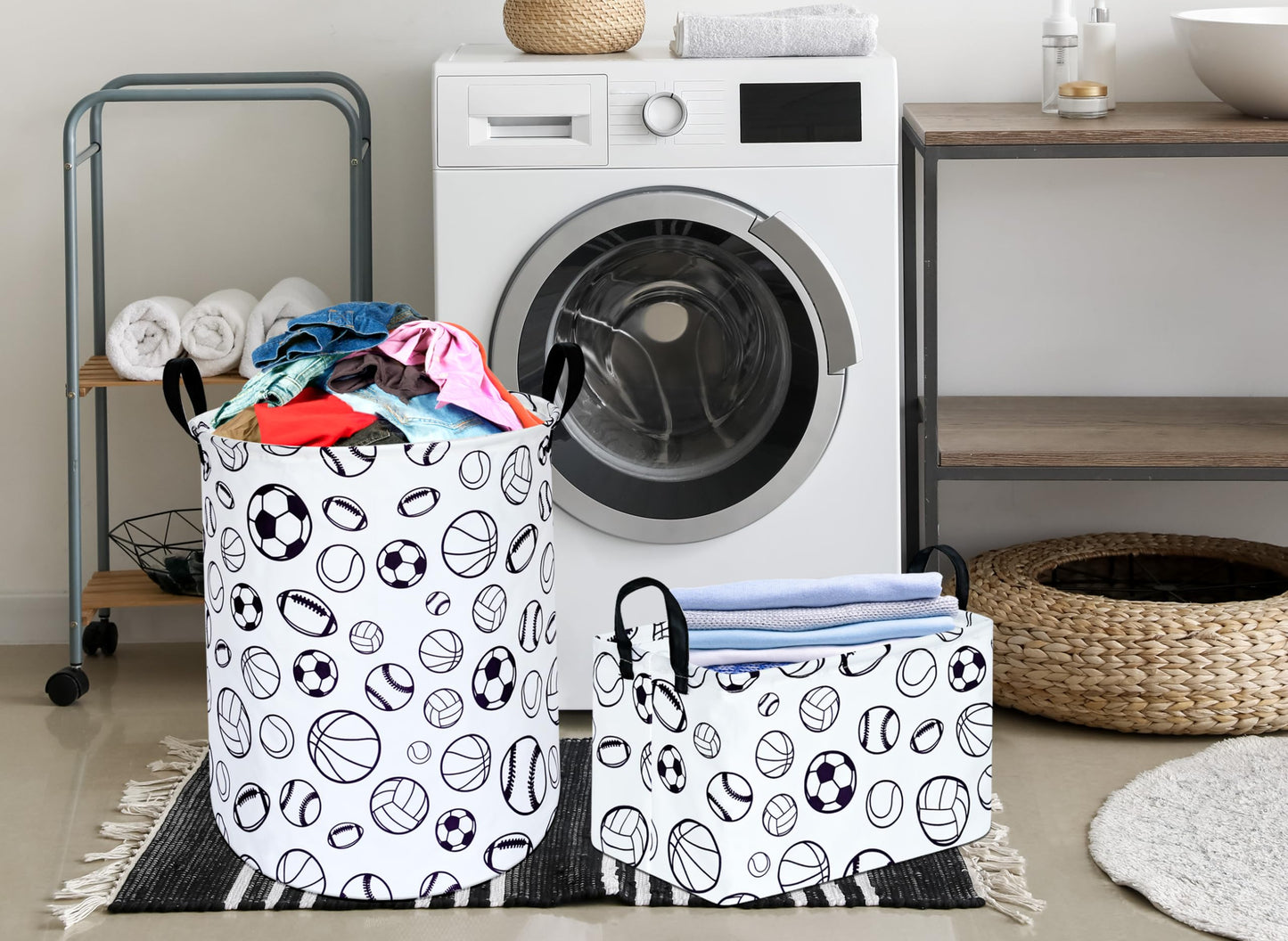 Kunro Large Sized Round Storage Basket Waterproof Coating Organizer Bin Laundry Hamper For Nursery Clothes Toys (Sports Ball)