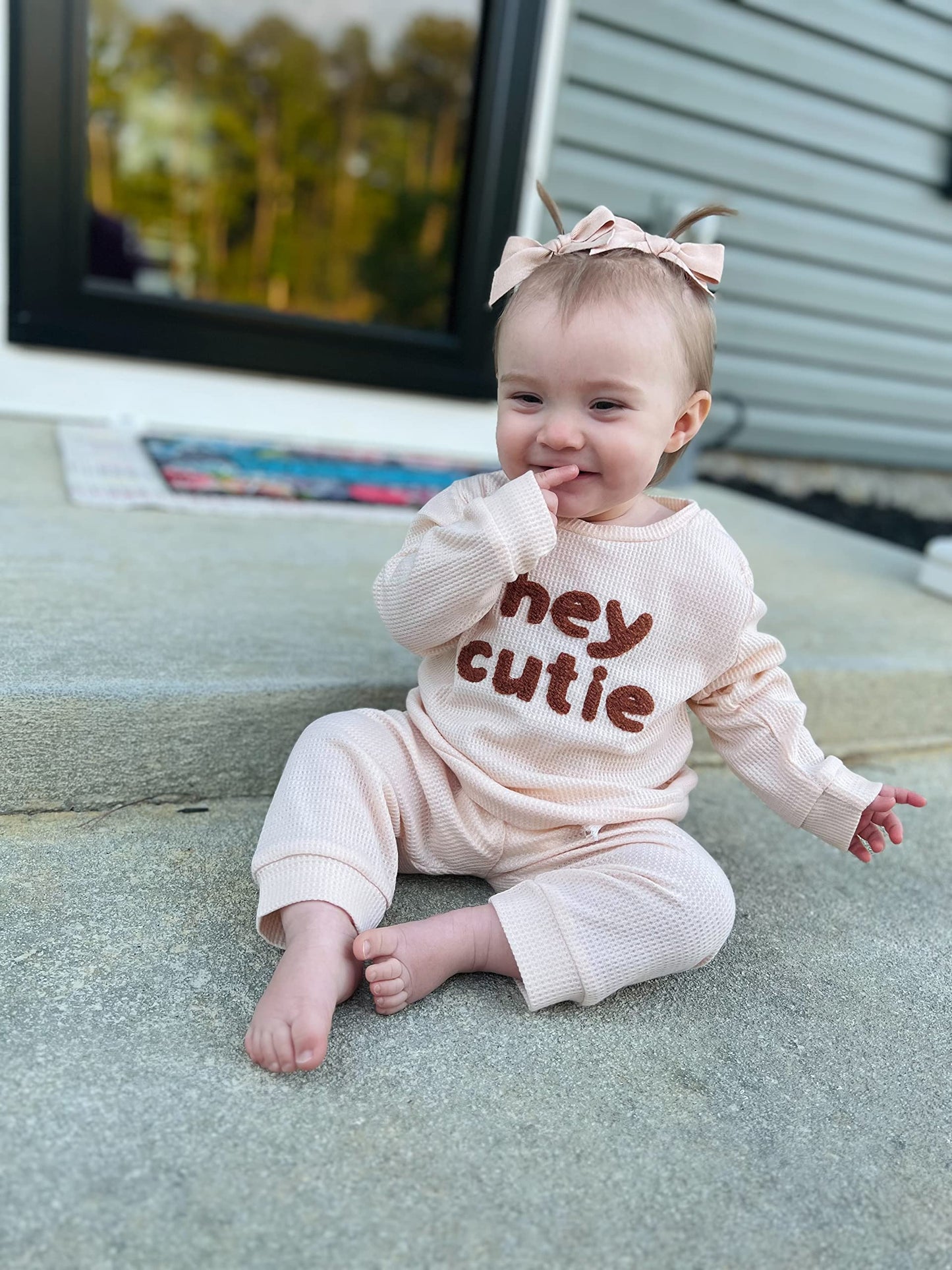 Toddler Baby Girl Boy Fall Winter Waffle Outfit Set Letter Printed Long Sleeve Sweatshirt Tops + Pants (Apricot, 3-6 Months)