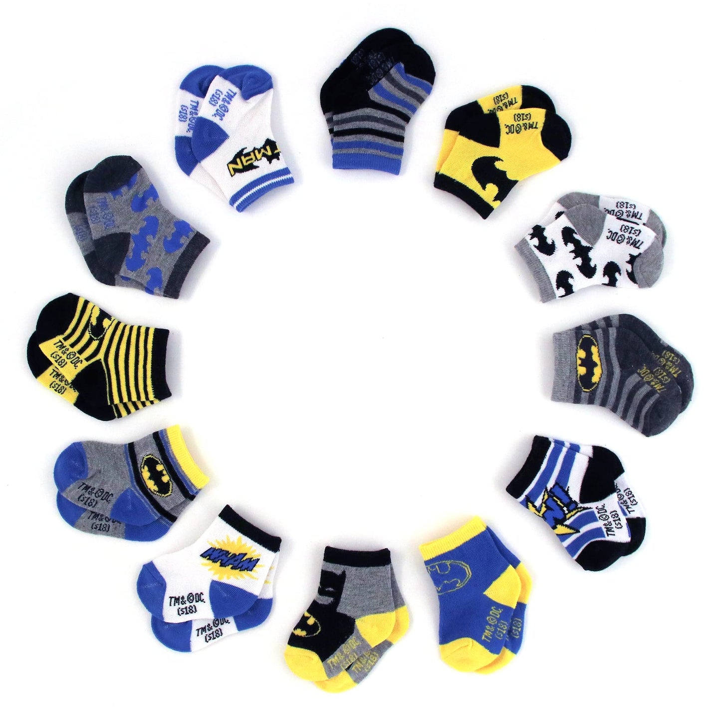 Dc Comics Baby Boys/Girls 12 Pack Socks: Batman, Wonder Woman, Superman, Justice League, Super Girl, Size Age 6-12M, Blue/Yellow