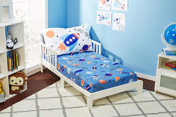 Everyday Kids Toddler Fitted Sheet And Pillowcase Set - Outer Space Adventures - Soft Breathable Microfiber Toddler Sheet Set