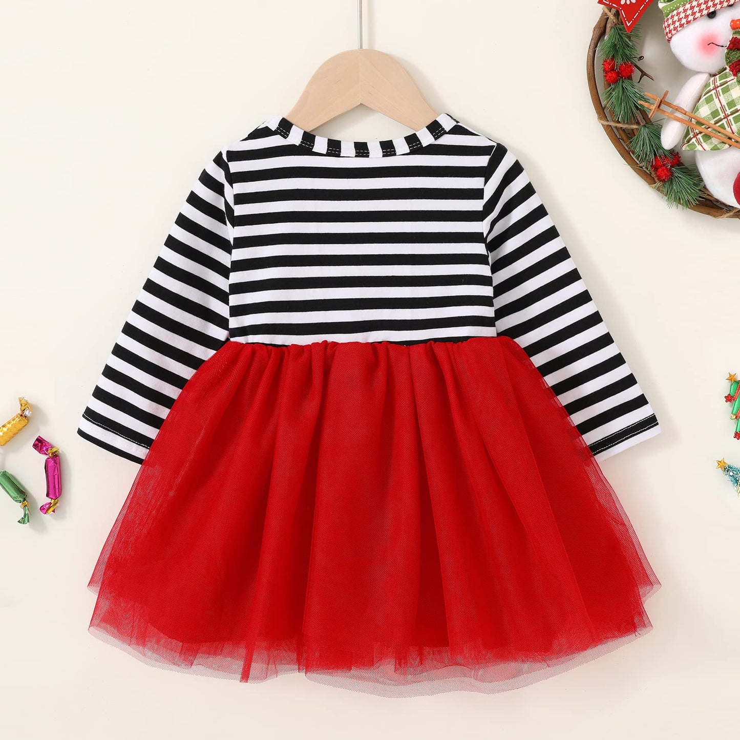 Mamami 2Pcs Toddler Baby Girl Christmas Dress Cotton Long Sleeve Santa Prints Christmas Princess Tutu Dress+Headband 6M-6T(4-5T,