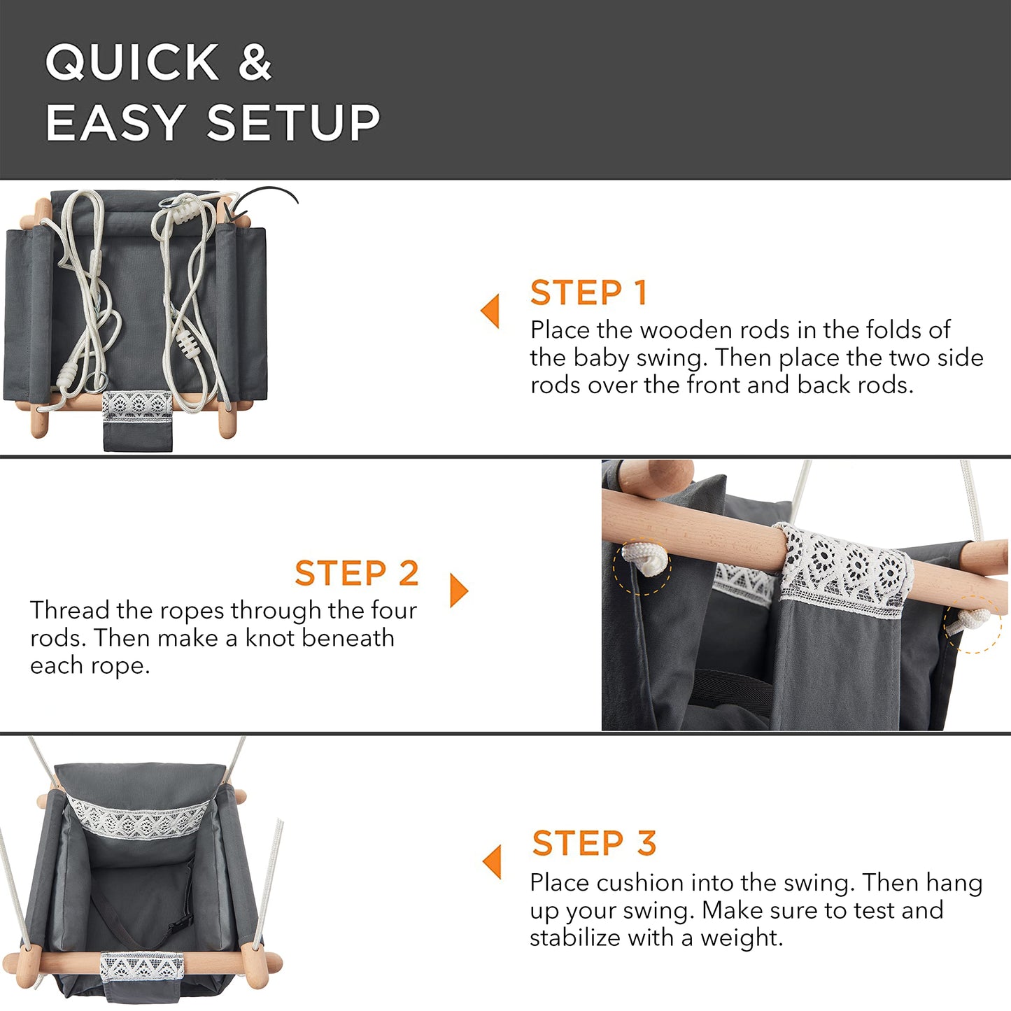 Secure Baby Swing Seat With Safety Belt - Baby Canvas And Wooden Swing Chair With Lace D  Cor Cushion - Hanging Indoor Swing For