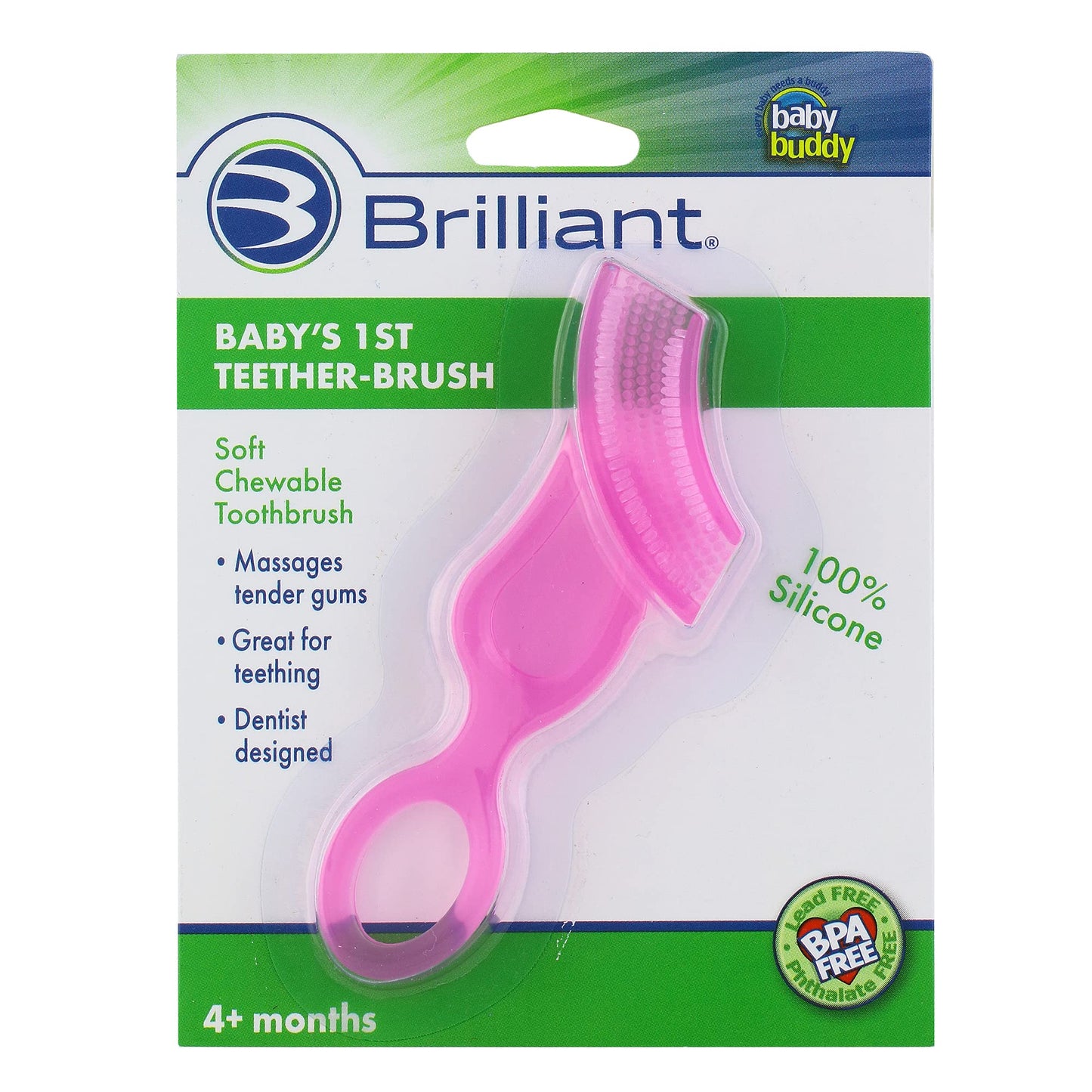 Brilliant Oral Care Babys First Toothbrush, Smooth Silicone Bristles Gently Clean Tender Teeth and Gums, for Ages 4+ Months, Pin