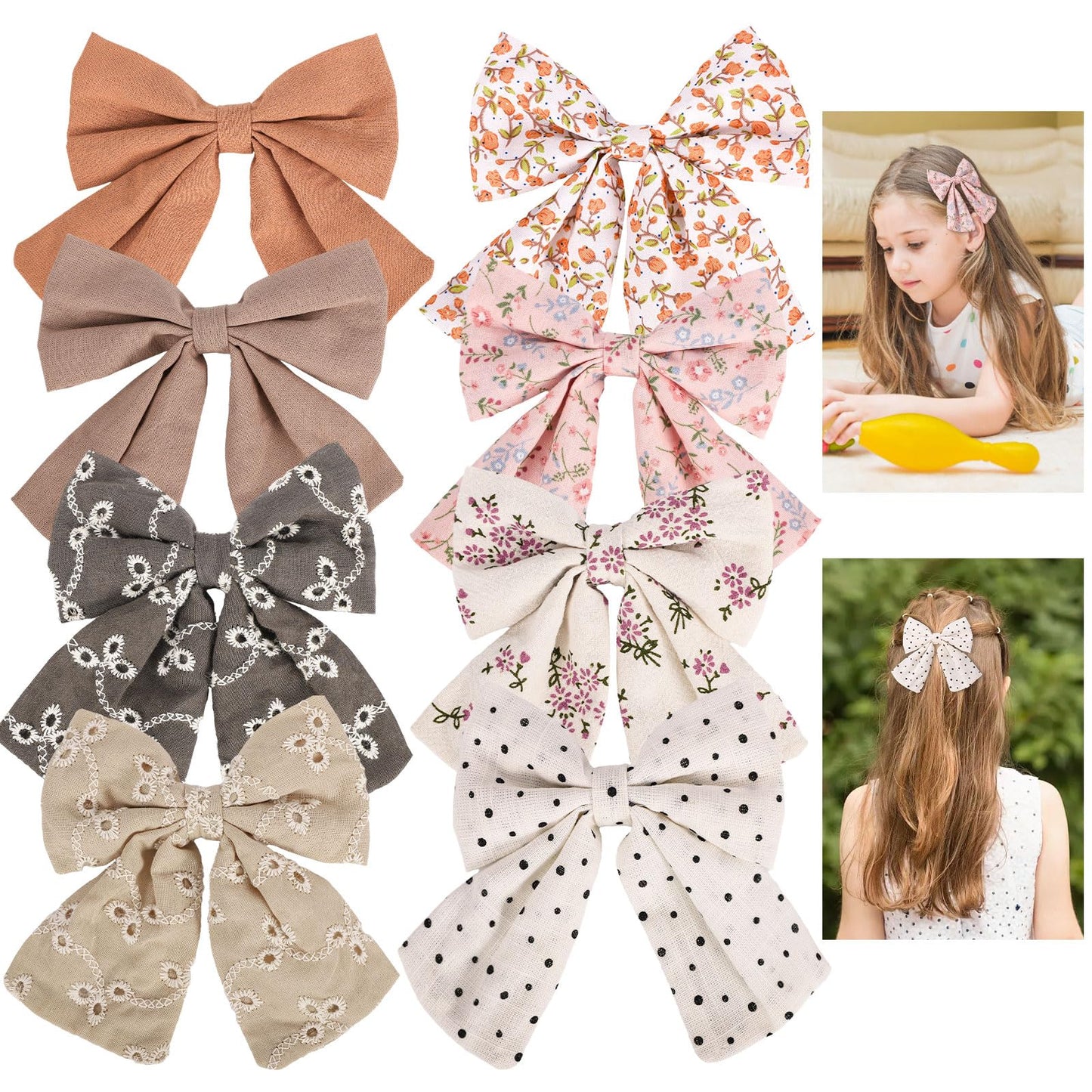 obeoby 8 Pcs Hair Clips for Girls and Women, Handmade 5  Floral Embroidered Toddlers Hair Bows with Clips for School Parties Chr