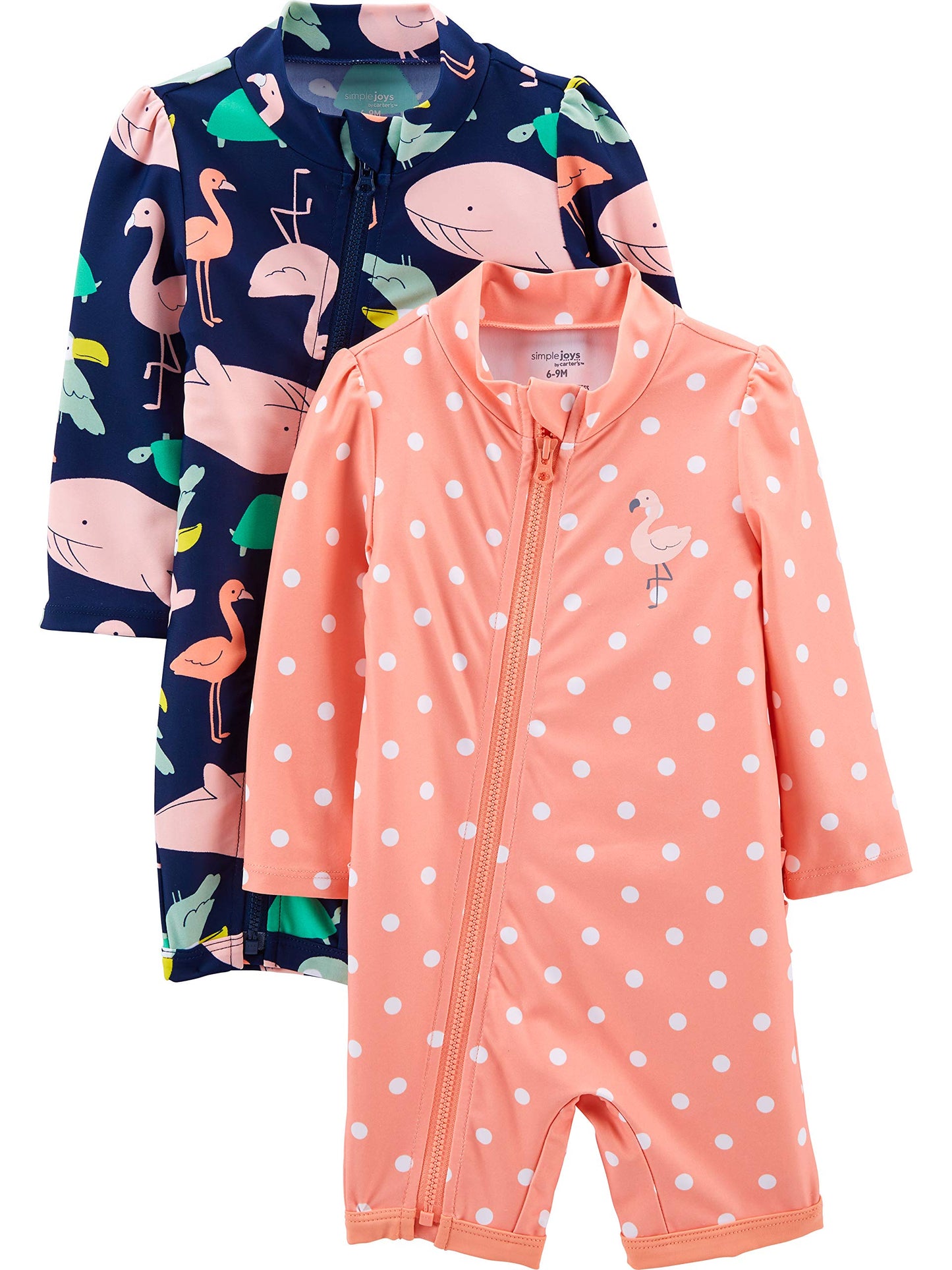 Simple Joys By Carter'S Toddler Girls' 1-Piece Zip Rashguards, Pack Of 2, Sea Friends/Dots, 2T
