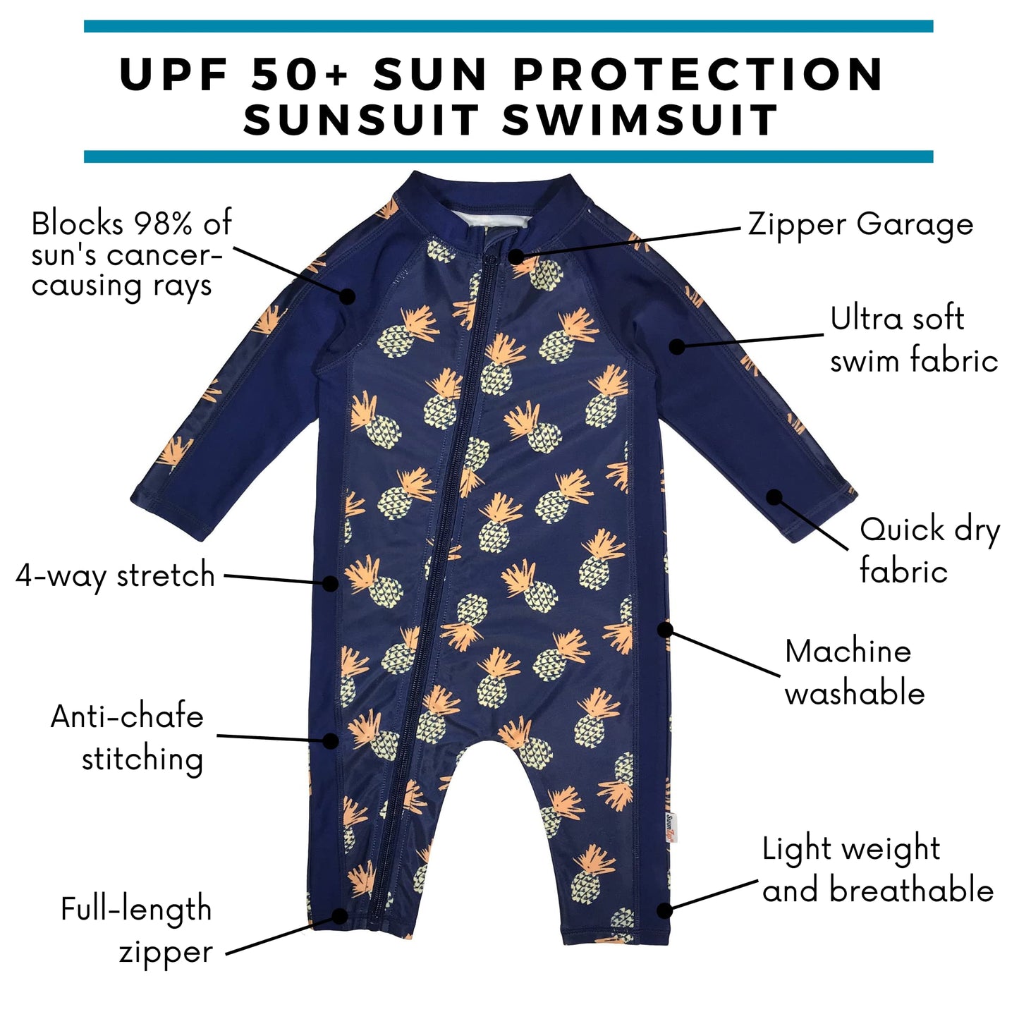 Swimzip Boys' Long-Sleeve Upf 50+ Swimsuit For Baby, Toddler, & Little Boys Pineapples