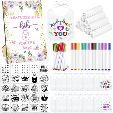 Panitay 100 Pcs Diy Baby Bibs Decorating Kit 50 White Bibs 25 Stencils 24 Fabric Markers 1 Baby Shower Game Sign(Butterfly)