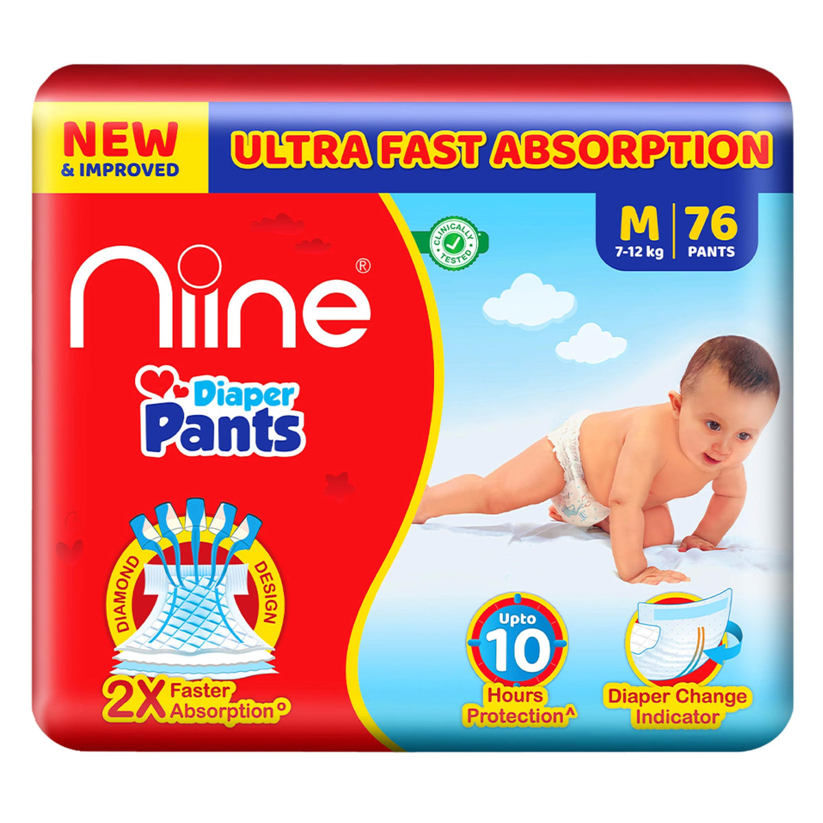 Niine Cottony Soft Baby Diaper Pants With Diaper Change Indicator For Overnight Protection, Mega Pack, Medium Size (712 Kg), 76